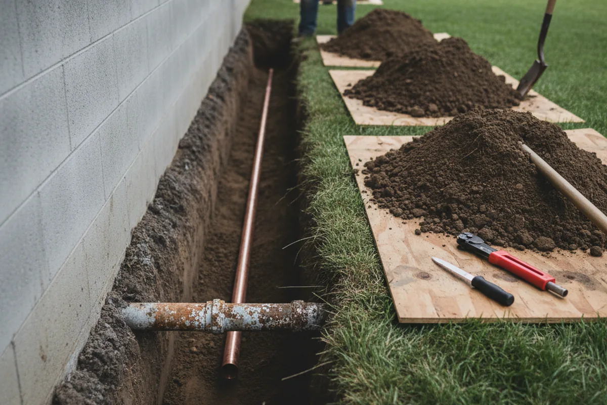 Excavated water line trench during Water Heater Repair in North Salem